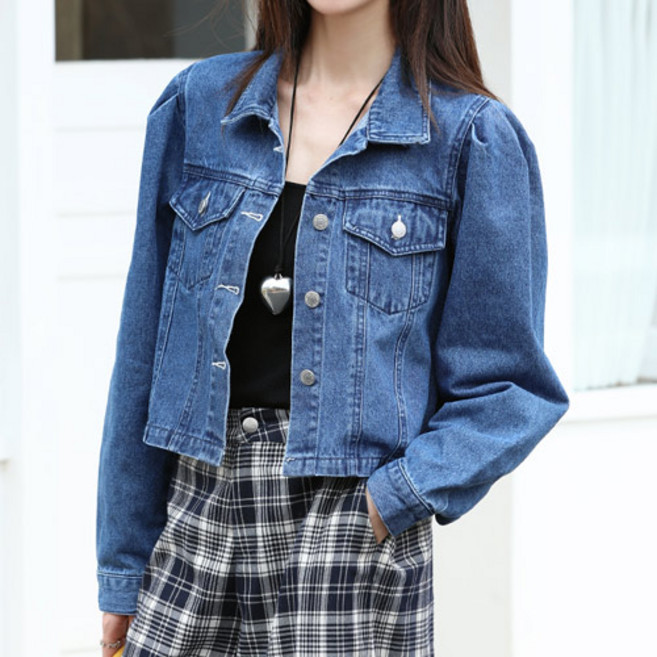 바이미니 볼륨 퍼프 데님 청 크롭 자켓
