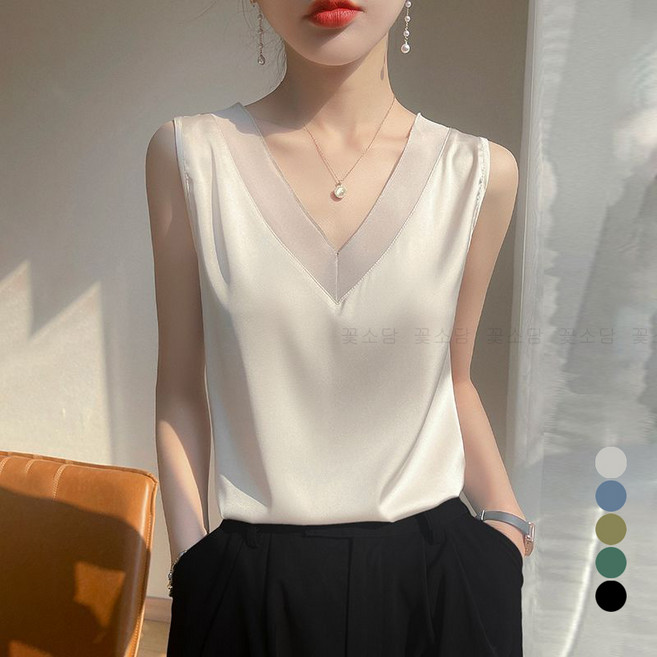 꽃소담 여성 브이넥 실크 민소매 블라우스 티셔츠 정장 이너티 쿨링 나시티 MAL26A1279