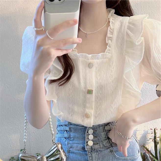 Chephie 여성블라우스 반팔블라우스 여름블라우스여성 셔링블라우스