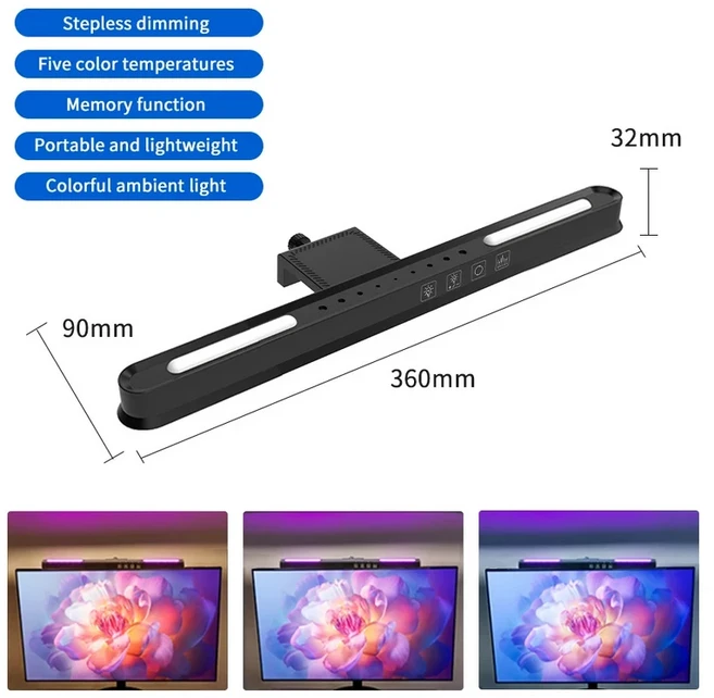 35CM 50CM 컴퓨터 모니터 라이트 바 스크린 행잉 램프 3색 무단계 조광 USB 전원 공급 학습 사무실 독서 노, 04 36CM with RGB