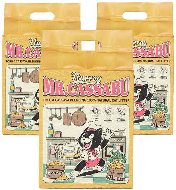 허레이 미스터카사부 두부 카사바 블렌딩 고양이 모래, 7L, 3팩, 무향