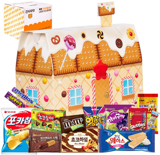 [간식대장] "어린이간식 선물추천" 스낵하우스 초코하임 초코송이 멘토스 새콤달콤 포카칩 크림웨하스 네모스낵 엠엔엠즈 스키틀즈 하프앤하프 스틱 왕꿈틀이, 스낵하우스 13종, 1개