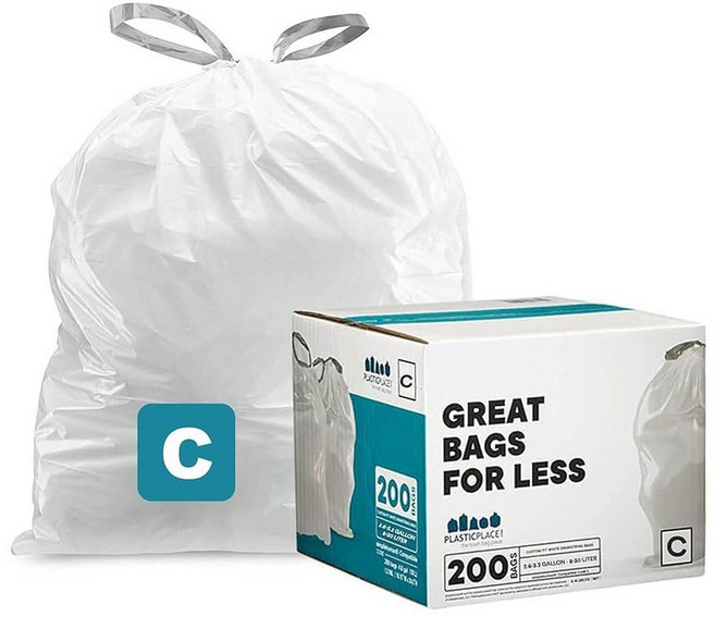 Plasticplace 쓰레기 봉투 Simplehuman x Code C와 호환 100개 │화이트 드로스트링 라이너 2.6 3.2갤런 10 12리터 │ 37.5cm 50.8cm, 200 Count (Pack of 1)