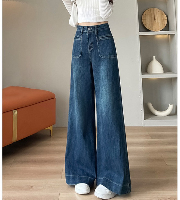 lofei 여성 하이웨이스트 와이드 데님 팬츠 봄 루즈핏 롱 청바지 KZ25