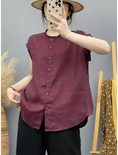 復古亞麻無袖襯衫 木耳領寬鬆休閒上衣