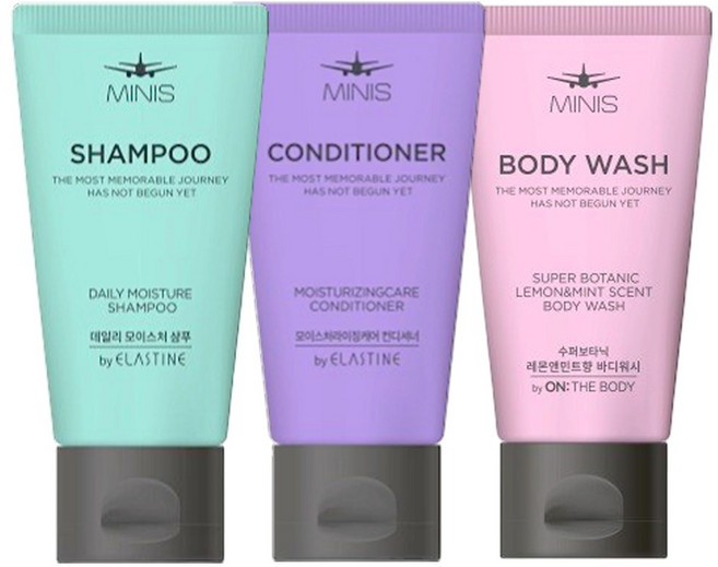 엘라스틴 온더바디 미니스 50ml 샴푸+컨디셔너+바디워시 3종세트 여행용 휴대용 샤워 목욕 바디 클렌저 세면도구, 1세트