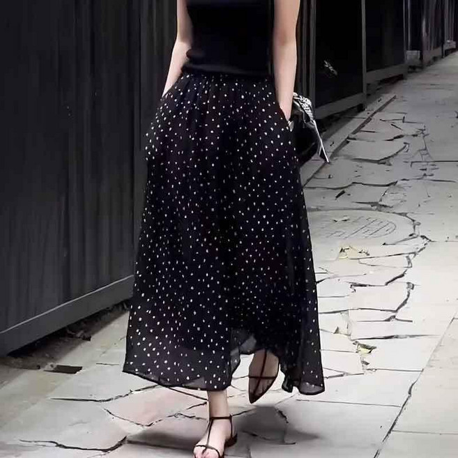 波點紗裙 法式雪紡半身裙女 夏季薄款 寬鬆顯瘦大碼女裝 圓點中長裙 a字裙 大擺蛋糕裙