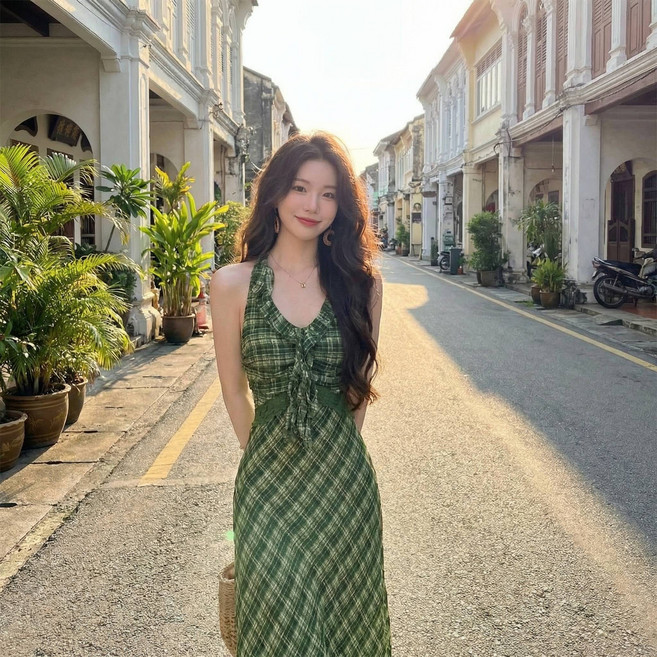 아키무 여성 롱원피스 체크 동남아원피스 바캉스록