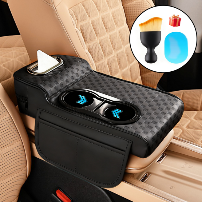 MIVONA 차량용 콘솔쿠션 팔걸이쿠션 4in1 컵홀더 티슈 수납 키높이형, 1개, 블랙 엠보