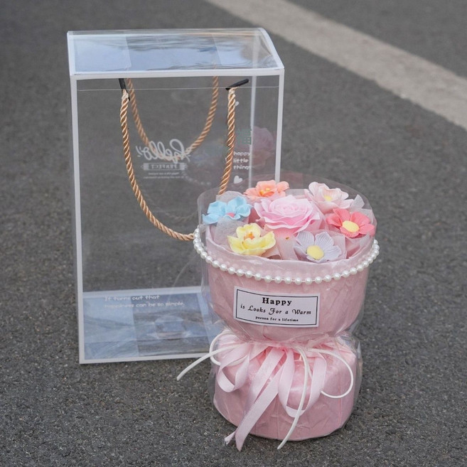 迷你陶瓷花束成品仿真花玫瑰向日葵永生花伴手禮盒生日禮物裝飾, 少女粉陶瓷花束送禮袋:1個