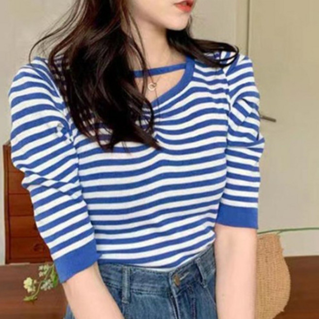 주디앤 여성 봄 가을 하퍼 스트라이프 반팔 니트 티셔츠 리빙공감