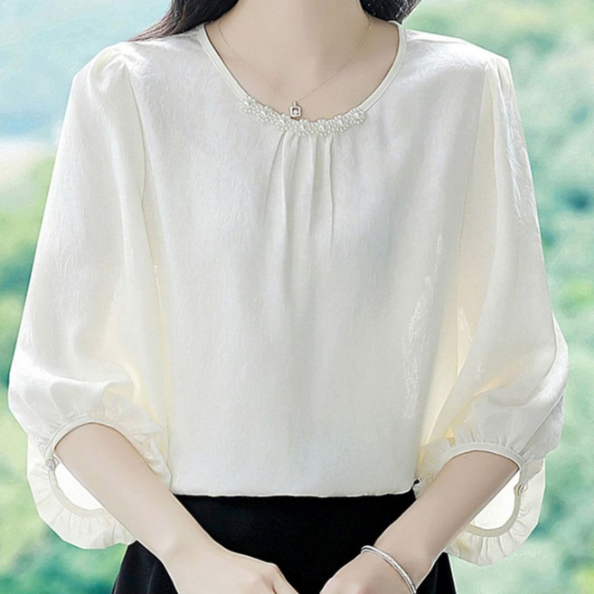 雪紡七分袖上衣，圓領寬鬆遮肚子，春夏季新款時尚洋氣減齡上衣