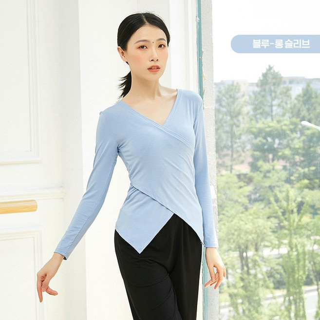 NEW 봄가을 여성 요가 긴팔티티 브이넥티셔츠 댄스복상의 모달 코튼 크로스 디자인 여자 등산티셔츠 운동복상의 기능성티셔츠 브이넥티셔츠 댄스복상의 빅사이즈티셔츠, 멜란지네이비
