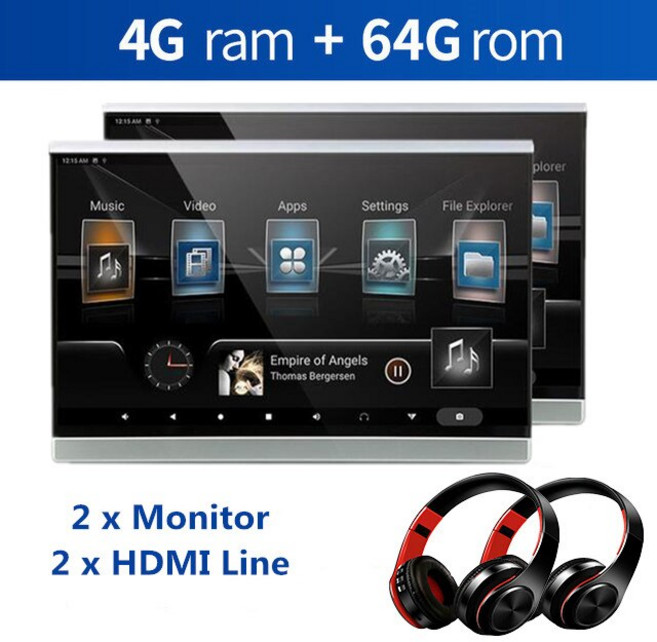13.3 인치 HD 4K 자동차 TV 헤드 레스트 모니터 터치 스크린 안드로이드 10.0 4 + 64G 자동차 뒷좌석 디스, 04 2 monitor 2 headset