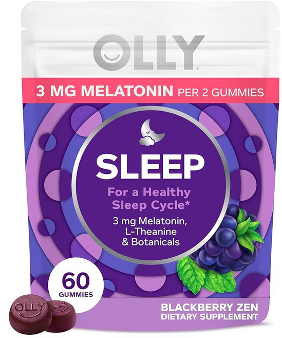 OLLY 슬립 구미 3mg L-테아닌 카모마일 레몬 밤 추출물 블랙베리 맛 30일 공급량, 60 Count (Pack of 1)