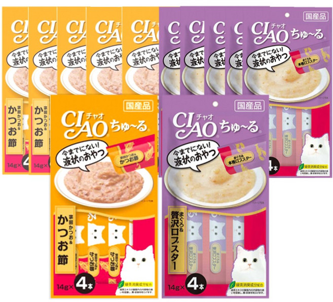 이나바 챠오 츄르 고양이 짜먹는 간식 4p, 12개, 56g, 가다랑어&가다랑어포(6개입)+참치&랍스터(6개입)