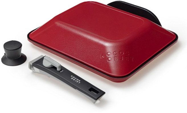 코코스오브제 인덕션 겸용 프라이팬 뚜껑 멀티핸들 세트 25x31cm 사각 납작팬 레드, 1세트, 31.5cm