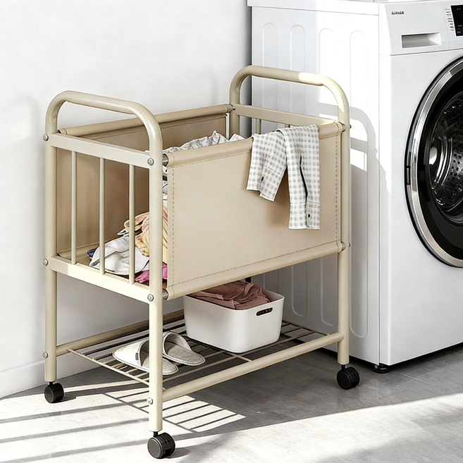 NEDYOU 2단 이동식 트롤리 빈티지 빨래바구니 욕실 수납장 세탁바구니 대용량 이동식 NYK-01, 아이보리