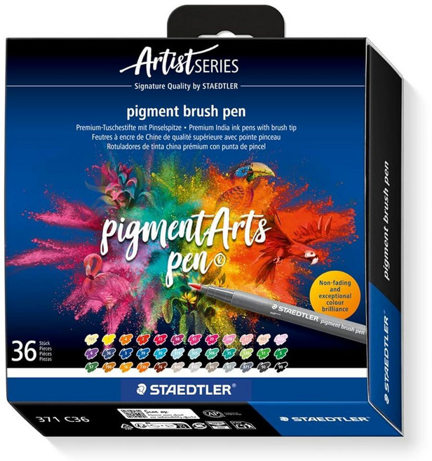 STAEDTLER Pigment Arts 멀티 잉크 브러시 펜 다양한 기본 색상 36개 펜촉이 있는 섬유 팁 영구적 방수 저널링 컬러링 핸드 레터링 혼합 미디어용, STAEDTLER Pigment Arts 브러시 펜 -, 36 Colors