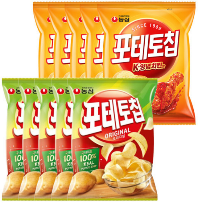 농심 포테토칩 오리지널 60g 5개+ 농심 포테토칩 K 양념치킨맛 50g 5개, 1세트