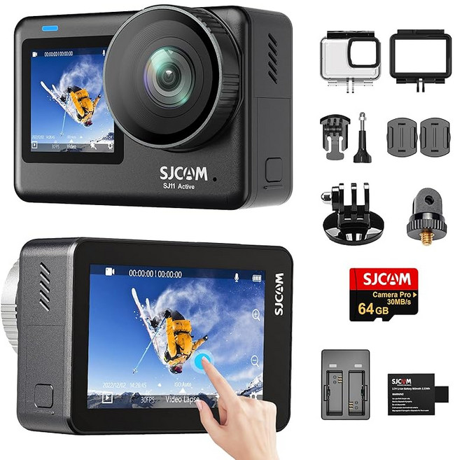 SJCAM SJ11 액션 카메라 active 4K 터치 패널식 육축 손떨림 보정 5Gwifi 탑재 광각 IP68 방수 H.265 HDR 영상 세로 화면 촬영 여행용 낚시 오토바이, 상세페이지 참조, SJ11A黑色+64GB