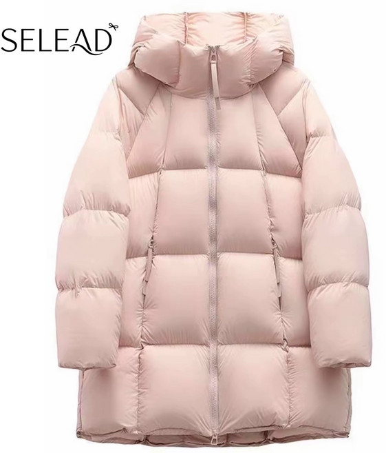 SELEAD 여성용 루즈핏 중롱 기장 다운패딩 후드 아우터 두꺼운 따뜻한 겨울 패딩 코트 심플 방한 여자 롱 패딩 예쁜 겨울아우터