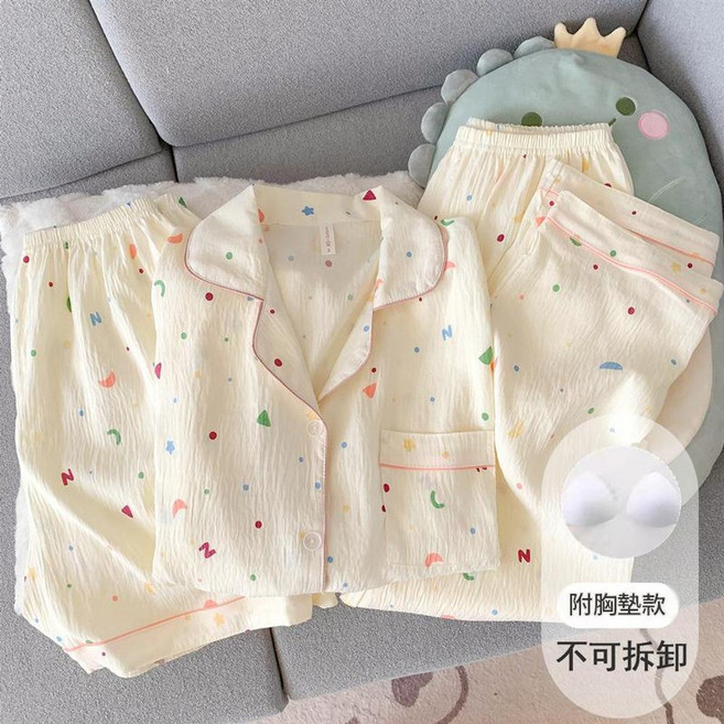 純棉紗布睡衣女套裝 夏季印花開衫家居服