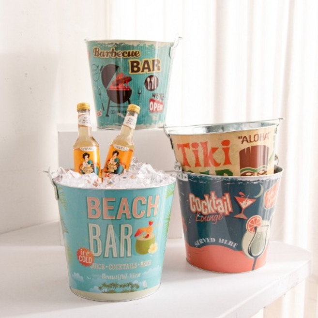 [데코봉봉] 썸머 비치 양철 바스켓-철제 캠핑 글램핑 맥주 양동이