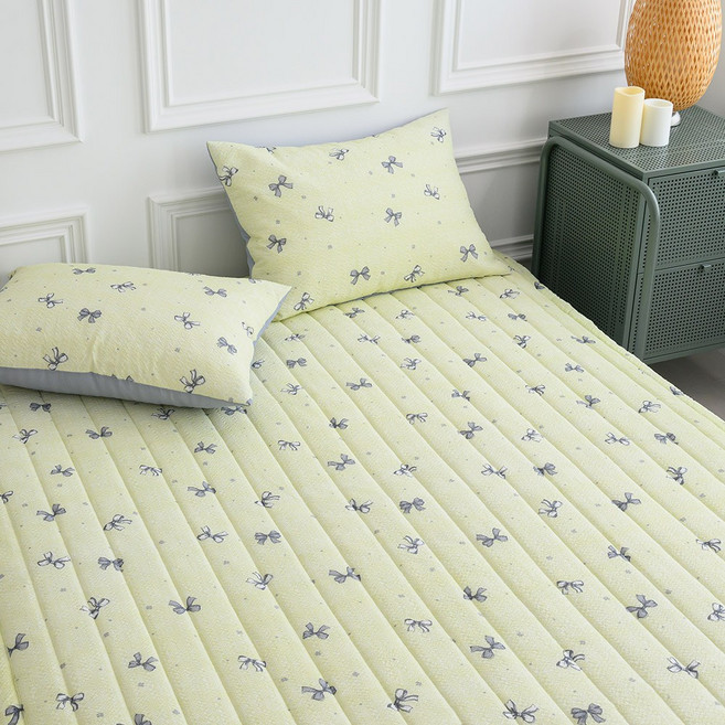 노스 끈적임ZERO 시원한 여름 시어서커 고정밴딩 침대패드 7colors 2size, 리본레몬