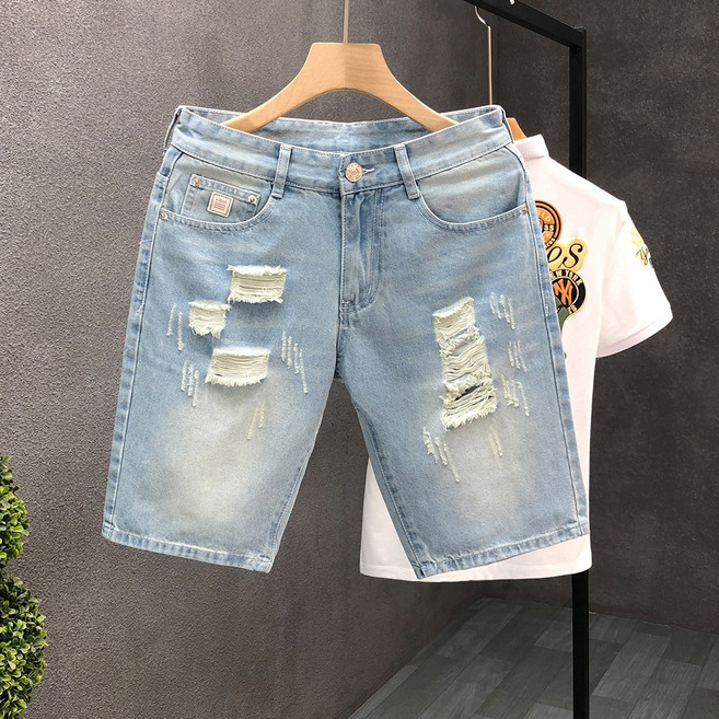 VOGUE 牛仔短褲 男士破洞五分褲 直筒修身版型