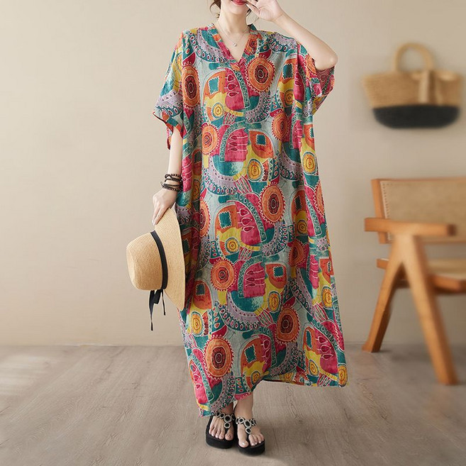 WPUY 빅사이즈 에스닉 몸매커버 홈웨어 휴양지 롱 원피스 중년여성 40 50대 엄마옷 프린팅 라운드넥 할머니옷 풍기인견원피스 나염 롱 반팔 휴양지원피스 롱 비치원피스