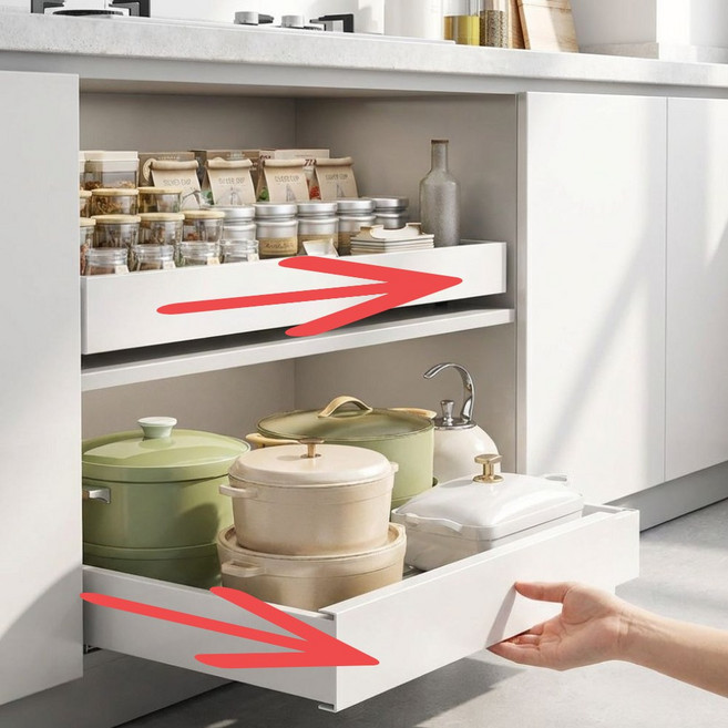 릴플로 무타공 확장형 서랍식 슬라이딩 주방 하부장 선반, 매트화이트, 1개