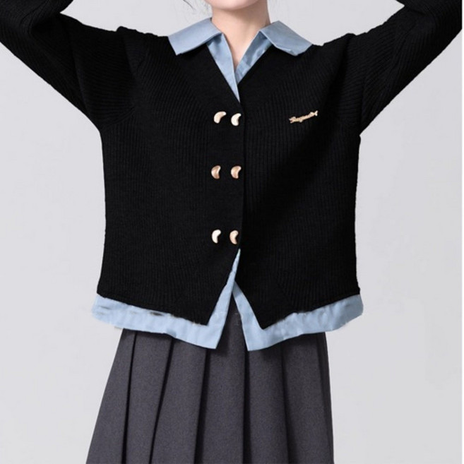FINE ART 터틀넥 스웨터 여성복 봄 스쿨룩 패치 니트 카디건 상의