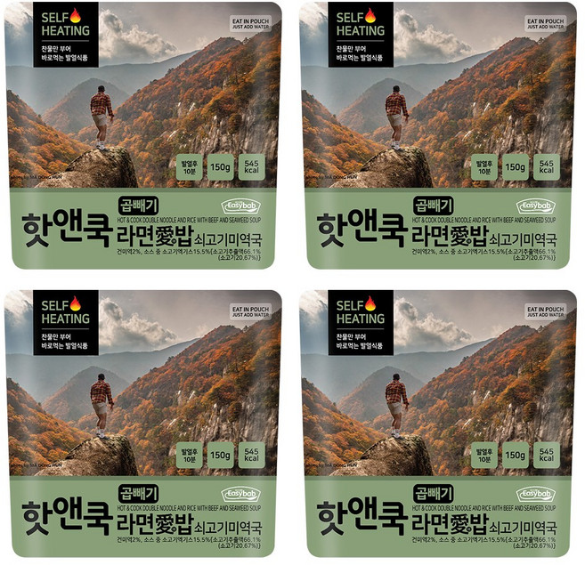 이지밥 대용량 핫앤쿡 곱빼기 라면애밥 쇠고기미역국 비화식 발열도시락 전투식량 비상식량 백패킹 등산 음식, 150g, 4개