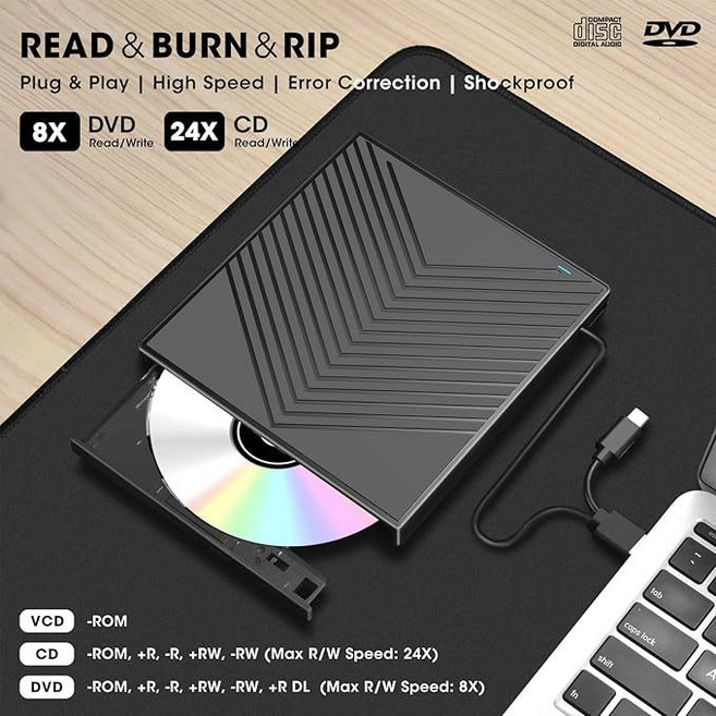 외장형 USB DVD CD 플레이어 노트북용 초슬림 광학 드라이브 휴대용 ODD 레코더 재생 지원, 1개, 블랙 다섯 가지 기능을 하나로 합친 초슬림 003