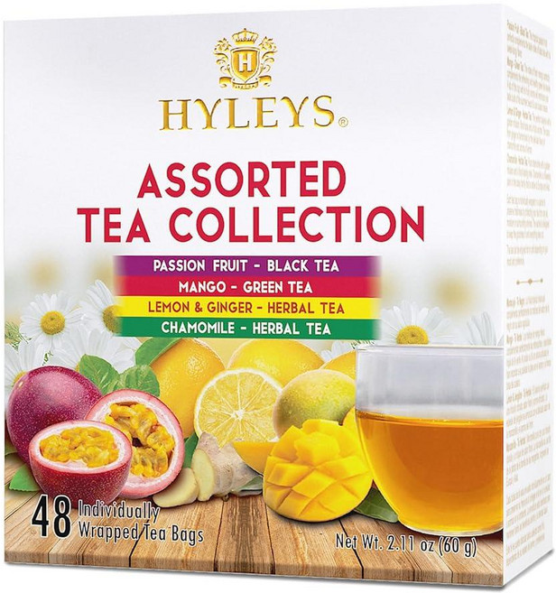 Hyleys 다양한 차 컬렉션 - (패션 프루트 망고 레몬 생강 카모마일) - 티백 48개, 60g, 500ml