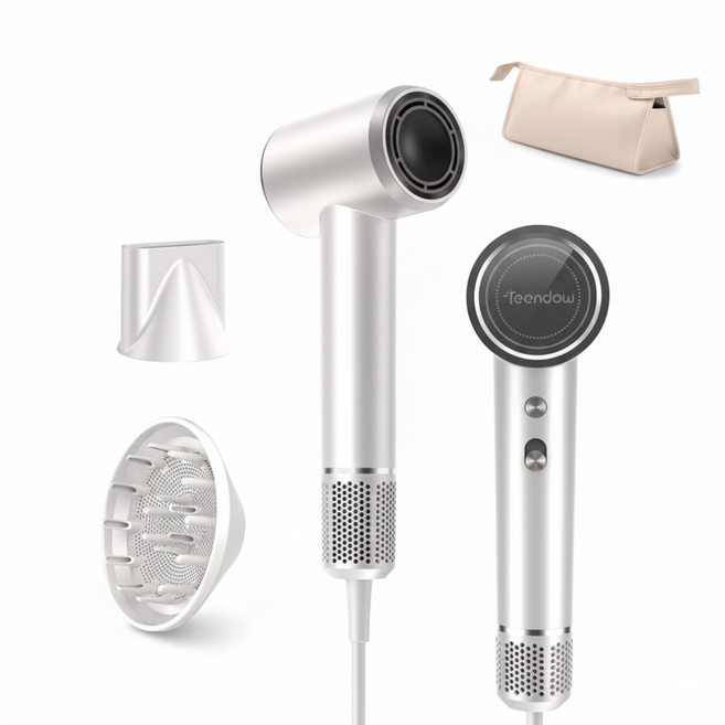 2025년형 Teendow 가정용 음이온 헤어드라이기 저소음 120000RPM bldc드라이기 HD40+마그네틱 노즐 2종, 화이트
