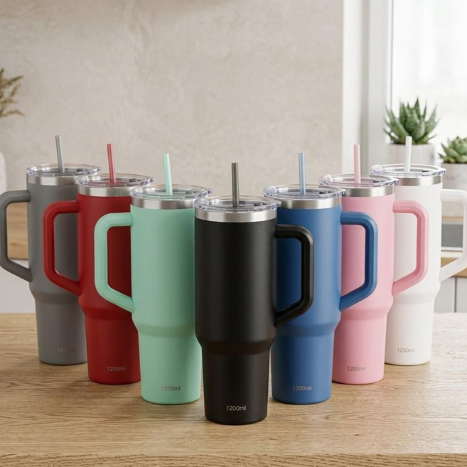 1.2L 초대형 몬스터 텀블러 보온보냉 핸들형 스텐 대용량 물병 빨대 세트, 화이트, 1.18L, 1개