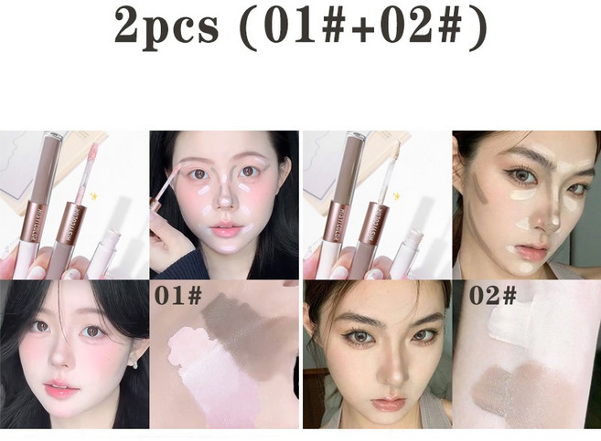 하이라이터 양쪽 끝이 고광택 컨투어링 스틱 한 스틱으로 리프팅과 완성 3D 콧대 V라인 얼굴 메이크업, [02] 2pcs