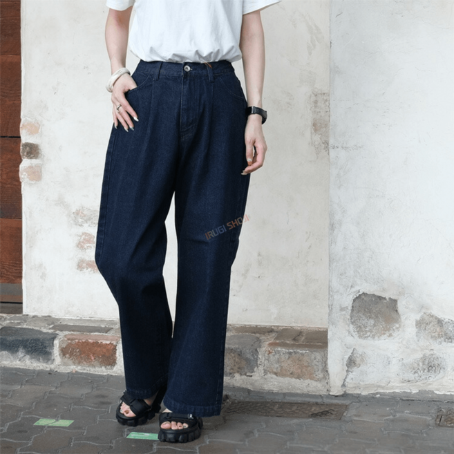 단톤 여성 데님 청바지 와이드 턱 팬츠 면