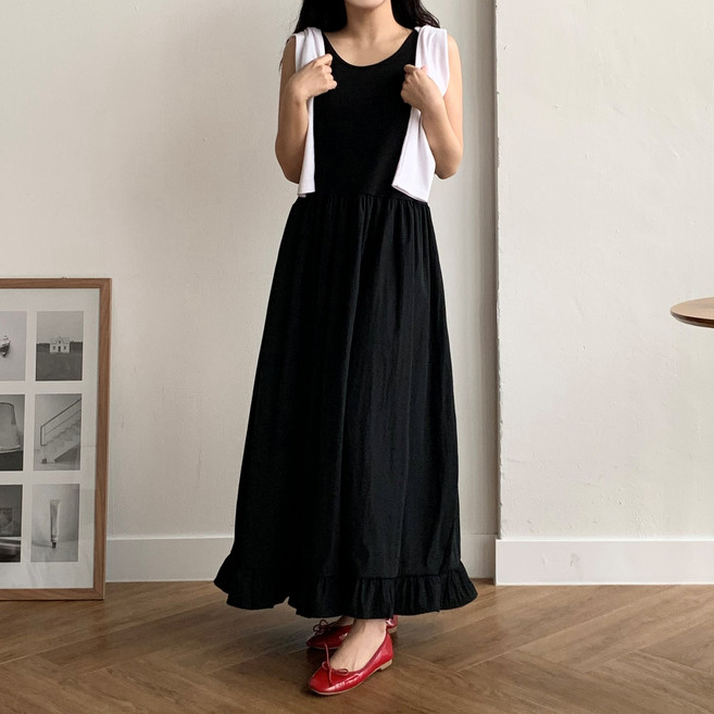 더한땀 A라인 프릴 레이어드 민소매 바스락 원피스 빅사이즈 데일리룩