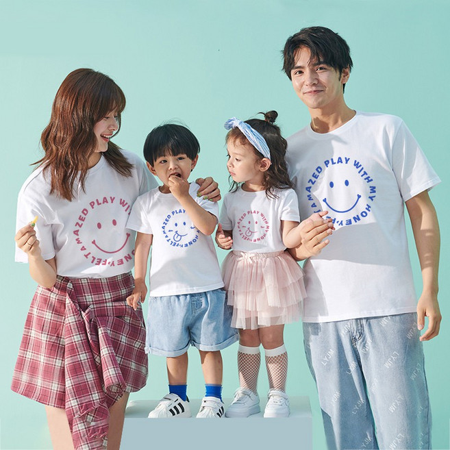 純棉笑臉圖案親子裝 情侶T 團體服 台灣製造, 黑衣藍字,L