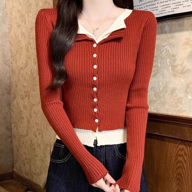 아이엠몽 여성 배색 레이어드 골지 슬림 가디건