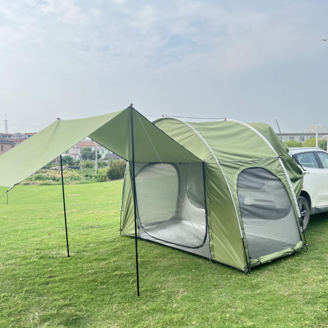 차박텐트 확장형 분리형 도킹쉘터 3x1.5x2.1m 방수 자립형 suv 차박 꼬리텐트 카 쉘터 천막과 창문 포함, 국방색, 6-8명
