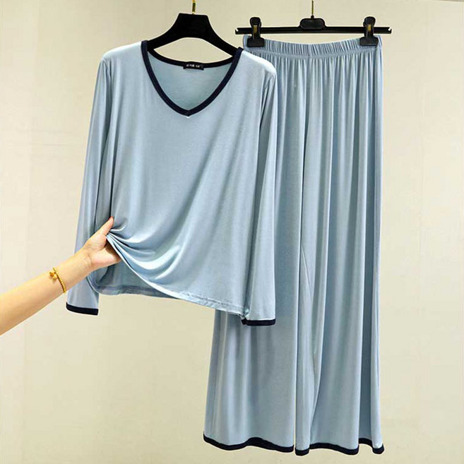 여성 부드러운 모달 수면잠옷 세트 고탄력 브이넥 긴팔 상하의 홈웨어 실내복