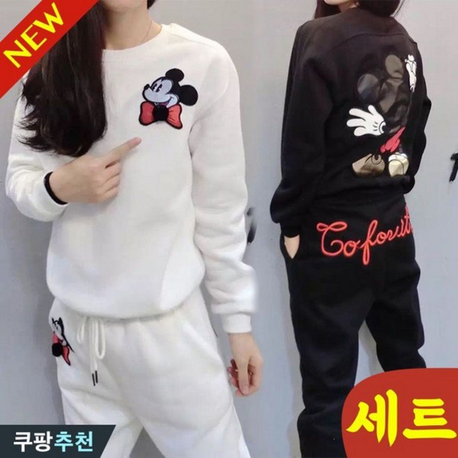 [대박난] 빅사이즈 날씬해보이는 여성 캐릭터 맨투맨 티셔츠 + 조거 팬츠 트레이닝복 상하바지 세트 가을 겨울 기모 간절기 프린트 긴팔 티 큰옷 3xl 트레이닝 바지 캐주얼 투피스