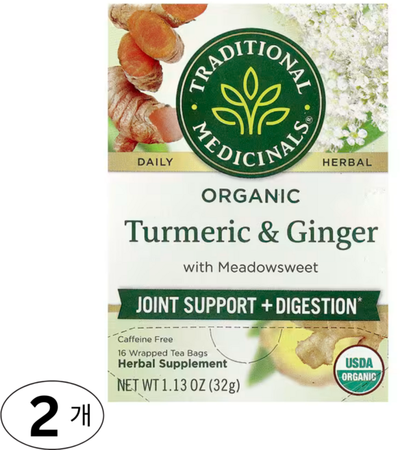 Traditional Medicinals 강황 메도우스위트 생강 디카페인 티백, 2개, 16개입, 32g