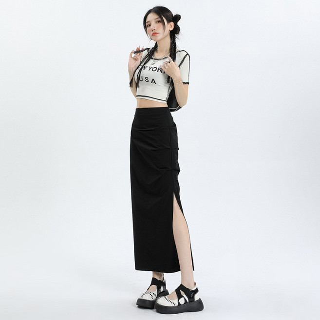 DIU 設計感拼褶高腰半身裙女秋季高個子辣妹顯瘦直筒A字開叉工裝裙子