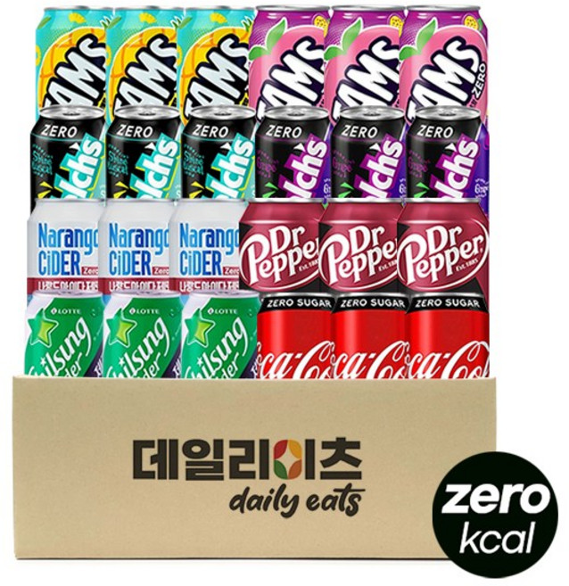 [데일리이츠] 제로칼로리 뚱캔 음료수 8종 3개씩 총 24캔 (코카콜라3+사이다3+닥터페퍼3+웰치포도3+웰치샤인머스켓3+나랑드사이다3+탐스복숭아3+탐스파인애플3), 1세트, 355ml