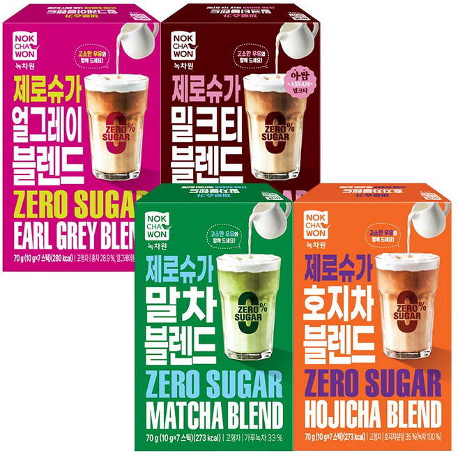 [녹차원] 제로슈가 블렌드 4종 세트 (말차+얼그레이+밀크티+호지차), 280g, 4개